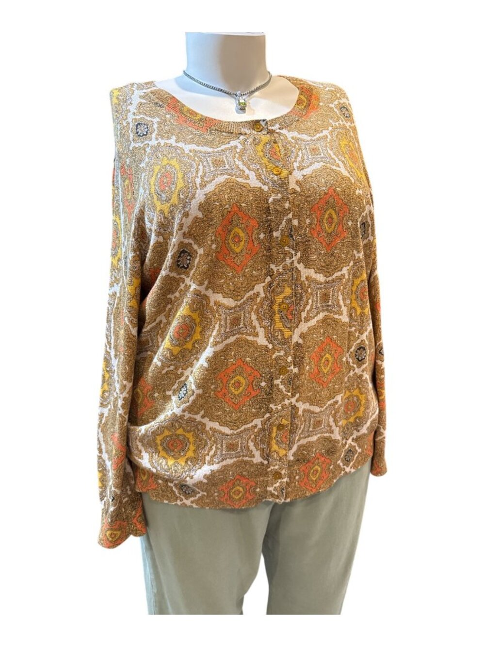 Talbots Sz 3X Gold, Orange & Cream Sparkle Medallion Pattern Button-Up Cardigan